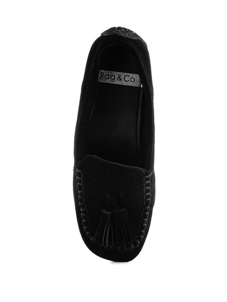 Black Rag Company kipstar leather loafers with tassel detail and stitched moccasin design