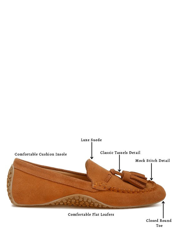 Rag Company kipstar leather loafers in brown suede with tassels and comfortable cushioned insole