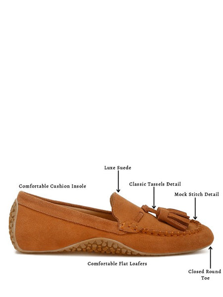 Rag Company kipstar leather loafers in brown suede with tassels and comfortable cushioned insole