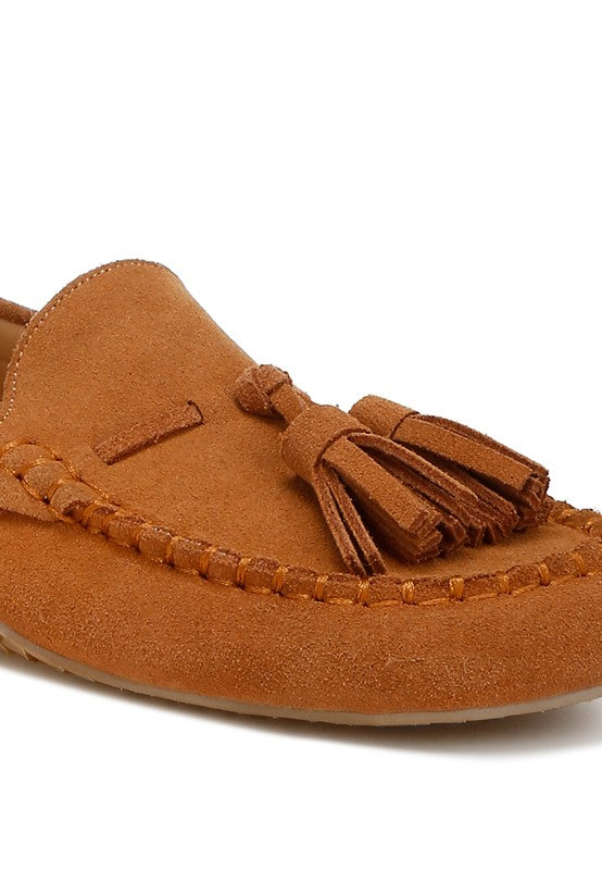 Rag Company kipstar leather loafers in brown suede with tassel detail and stitched moccasin design
