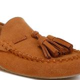 Rag Company kipstar leather loafers in brown suede with tassel detail and stitched moccasin design