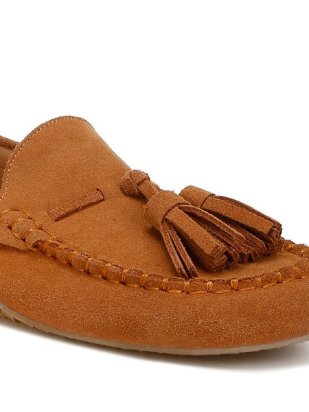 Rag Company kipstar leather loafers in brown suede with tassel detail and stitched moccasin design
