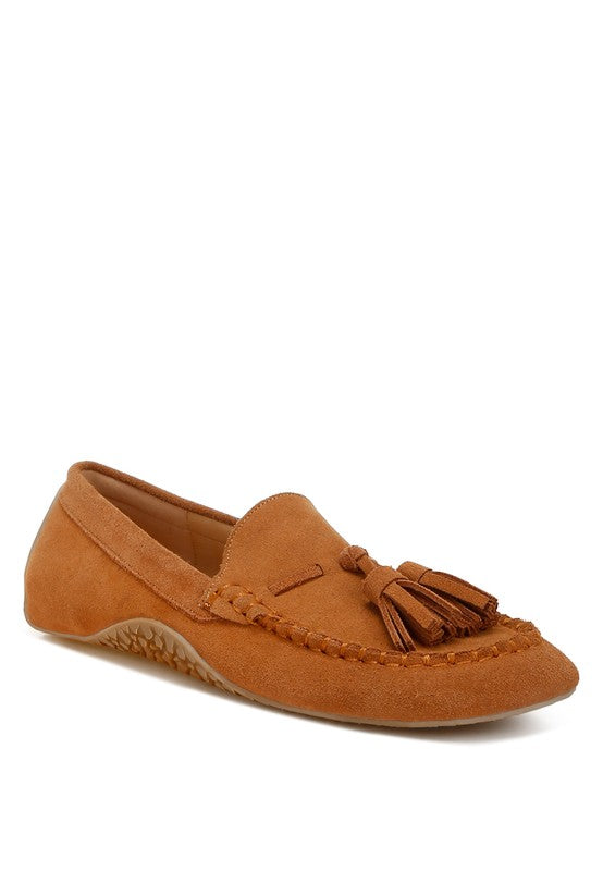 Rag Company kipstar leather loafers in tan suede with tassel detail and stitched moccasin design