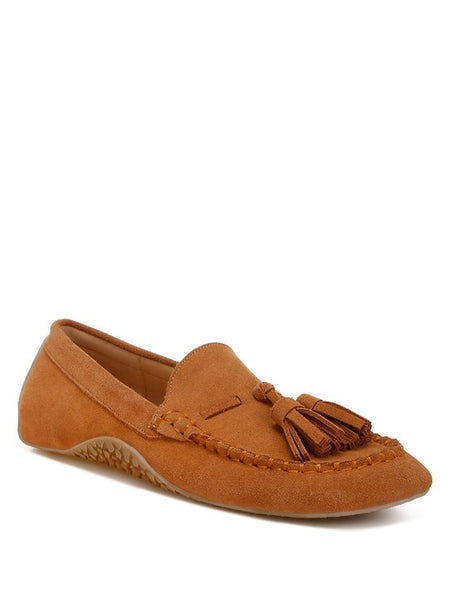 Rag Company kipstar leather loafers in tan suede with tassel detail and stitched moccasin design