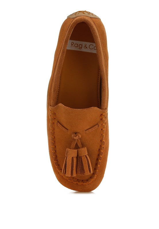 Rag Company kipstar leather loafers in brown suede with tassel detail and stitched design