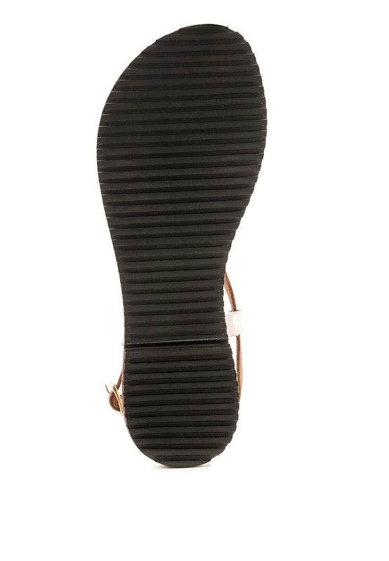 Black sole view of leather beach sandals for women by Babe Beachwaer with textured grip