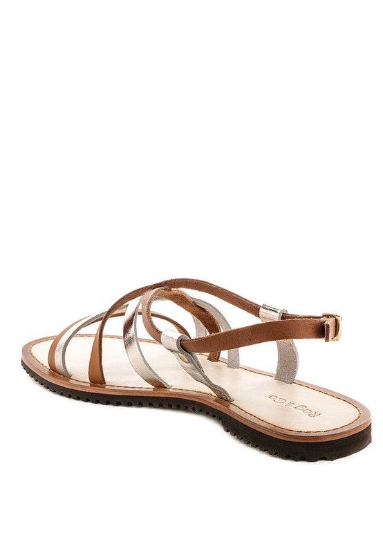 Babe Beachwear leather beach sandals for women with brown and silver straps and adjustable buckle