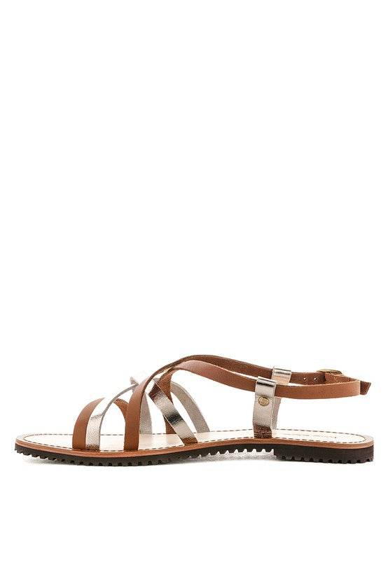 Babe Beachwear leather beach sandals for women featuring brown and silver straps with a buckle closure