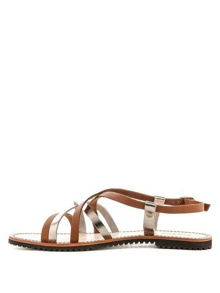 Babe Beachwear leather beach sandals for women featuring brown and silver straps with a buckle closure
