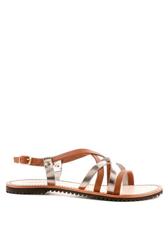 Babe Beachwear leather beach sandals for women with brown and metallic straps and adjustable buckle