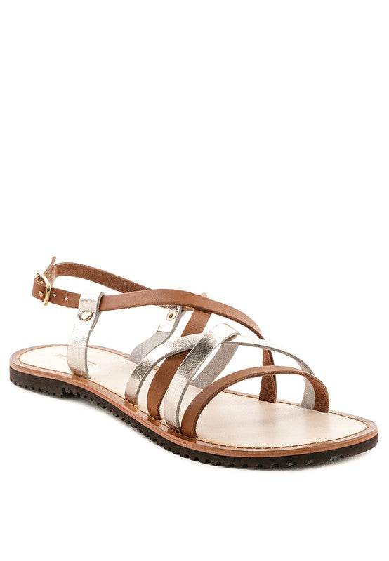 Babe Beachwear leather beach sandals for women with brown and metallic silver straps and adjustable buckle
