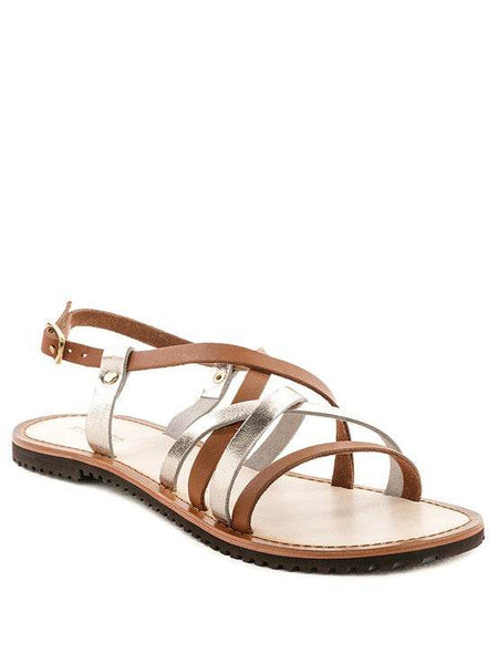 Babe Beachwear leather beach sandals for women with brown and metallic silver straps and adjustable buckle