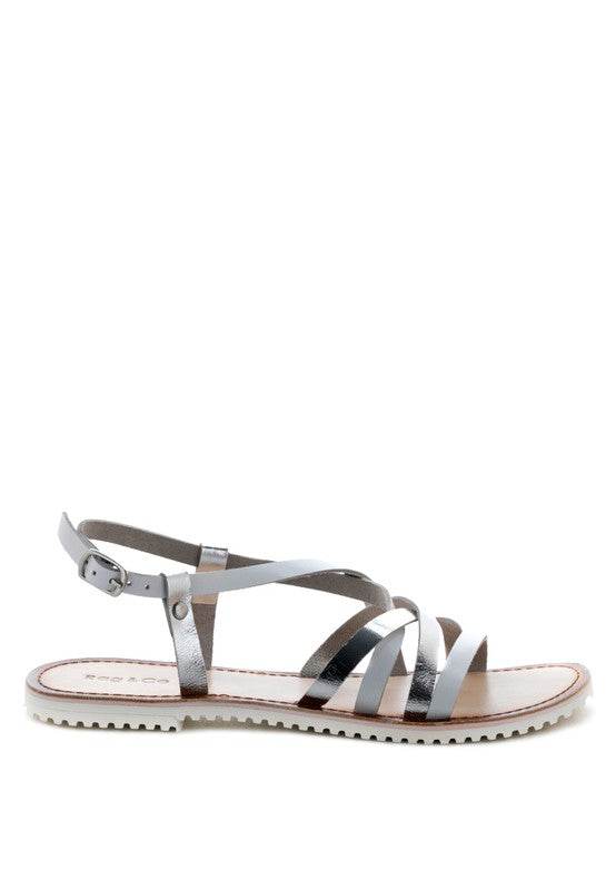 Babe Beachwear silver leather beach sandals for women with adjustable ankle strap and flat sole