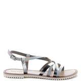 Babe Beachwear silver leather beach sandals for women with adjustable ankle strap and flat sole