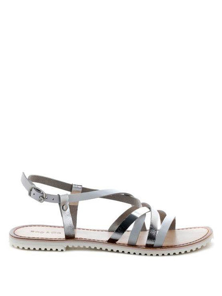 Babe Beachwear silver leather beach sandals for women with adjustable ankle strap and flat sole