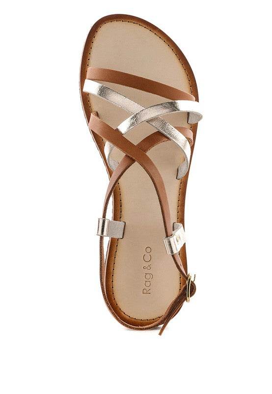 Babe Beachwear leather beach sandals for women with brown and metallic straps and buckle closure