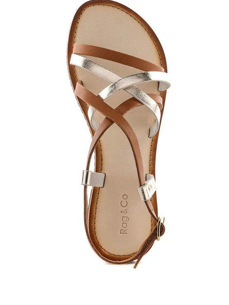 Babe Beachwear leather beach sandals for women with brown and metallic straps and buckle closure