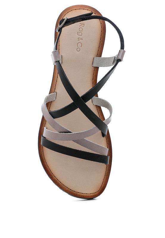 Babe Beachwear leather beach sandals for women with black and gray crisscross straps and tan sole
