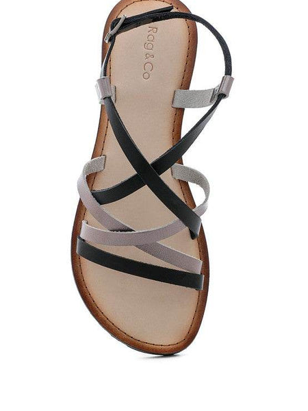 Babe Beachwear leather beach sandals for women with black and gray crisscross straps and tan sole