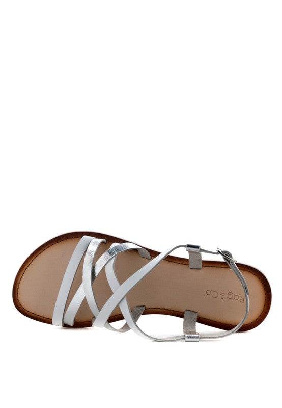 Babe Beachwaer silver leather beach sandals for women with crisscross straps and ankle buckle