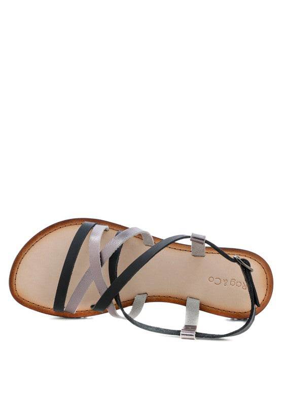 Babe Beachwear leather beach sandals for women with mixed black and silver straps on tan sole