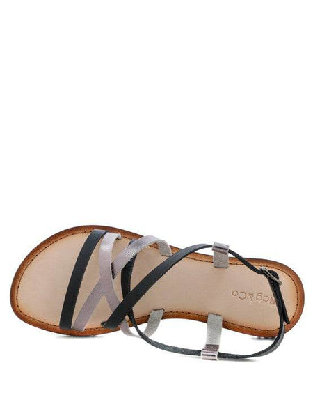 Babe Beachwear leather beach sandals for women with mixed black and silver straps on tan sole