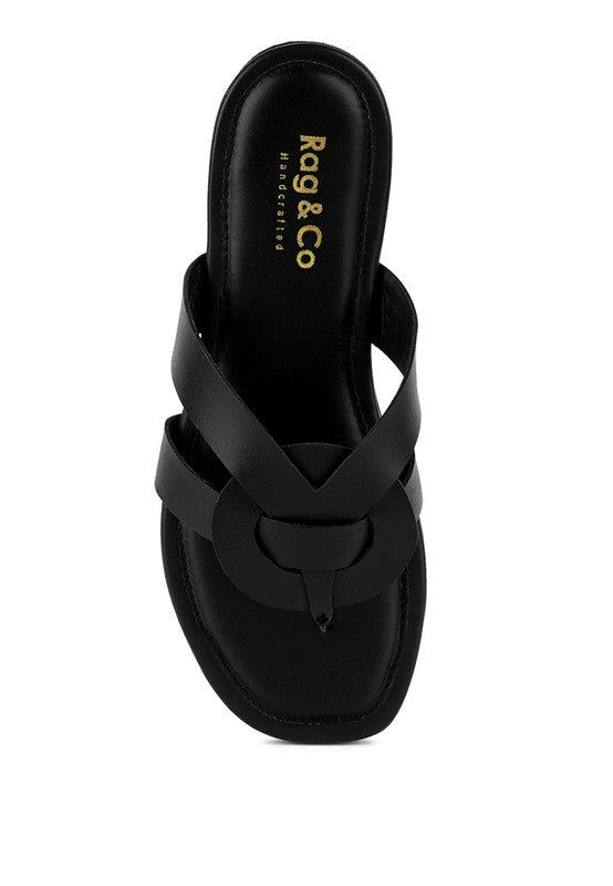 Black women's summer slip-on sandals flat with wide crisscross straps and circular detail