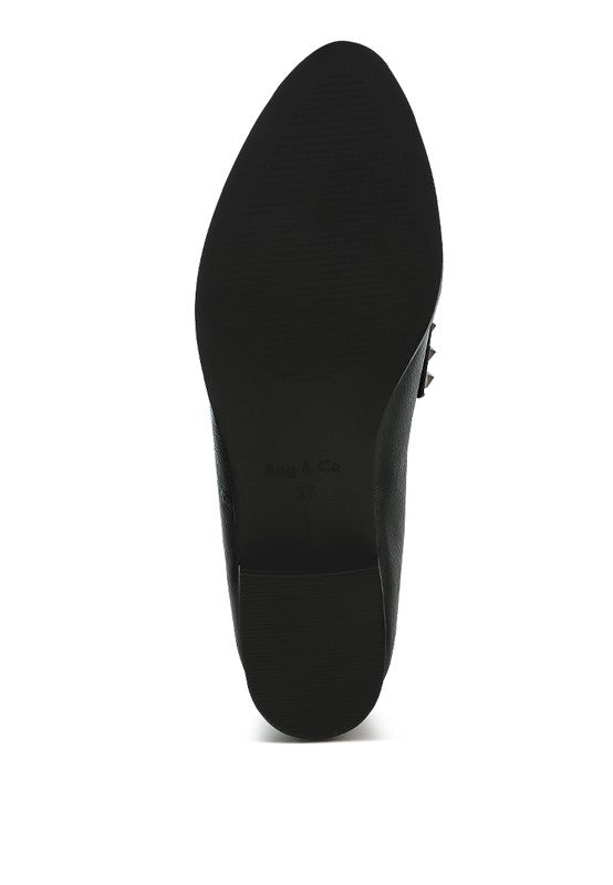 Black sole view of Rag Company metallic penny loafers for women showing smooth tread and heel