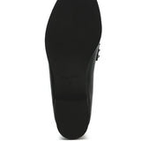 Black sole view of Rag Company metallic penny loafers for women showing smooth tread and heel