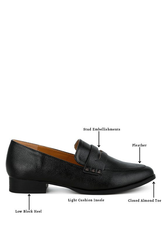 Rag Company metallic penny loafers for women in black pleather with stud embellishments and low block heel
