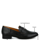 Rag Company metallic penny loafers for women in black pleather with stud embellishments and low block heel