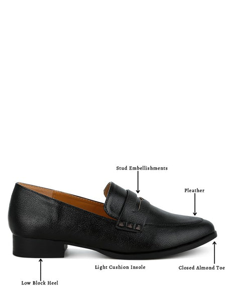 Rag Company metallic penny loafers for women in black pleather with stud embellishments and low block heel