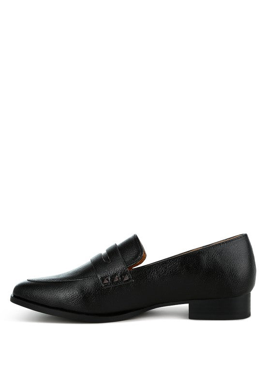 Rag Company black metallic penny loafers for women with low heel and sleek design