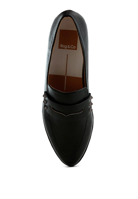 Rag Company black metallic penny loafers for women with decorative side details and classic design