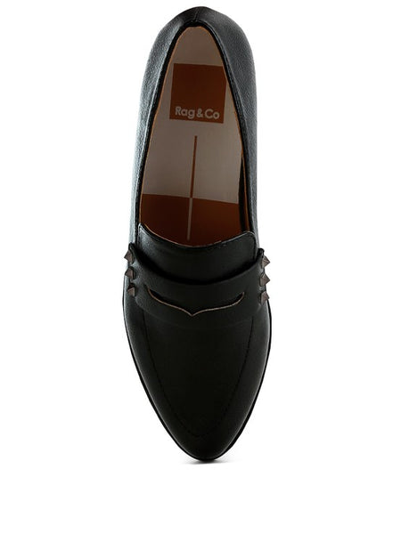 Rag Company black metallic penny loafers for women with decorative side details and classic design