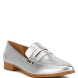 Rag Company metallic penny loafers for women in silver with low wooden heel and smooth finish2