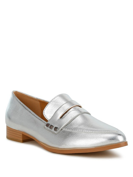 Rag Company metallic penny loafers for women in silver with low wooden heel and smooth finish2