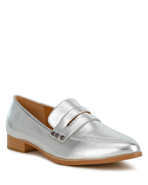 Rag Company metallic penny loafers for women in silver with low wooden heel and smooth finish2