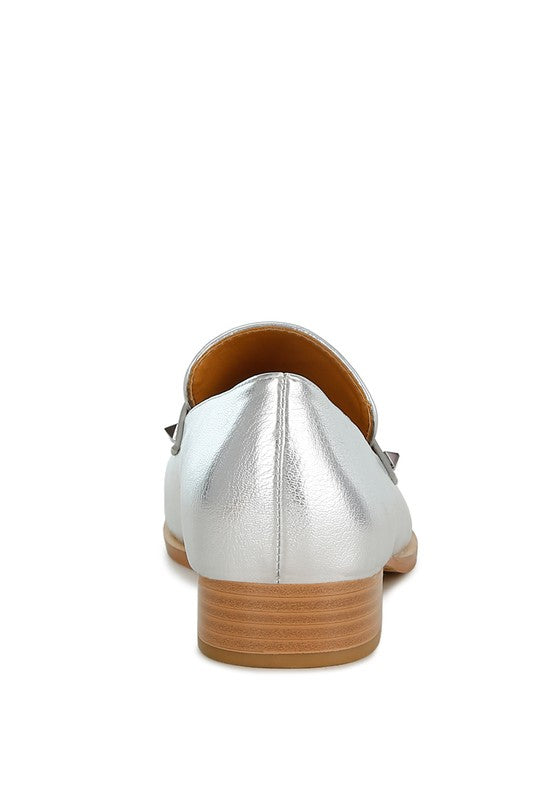 Rag Company metallic penny loafers for women in silver with wooden stacked heel back view