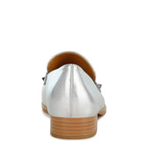 Rag Company metallic penny loafers for women in silver with wooden stacked heel back view