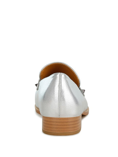 Rag Company metallic penny loafers for women in silver with wooden stacked heel back view