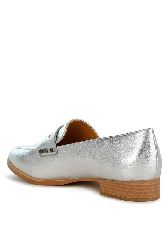 Rag Company metallic penny loafers for women in silver with low wooden heel and smooth finish