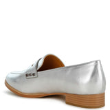 Rag Company metallic penny loafers for women in silver with low wooden heel and smooth finish