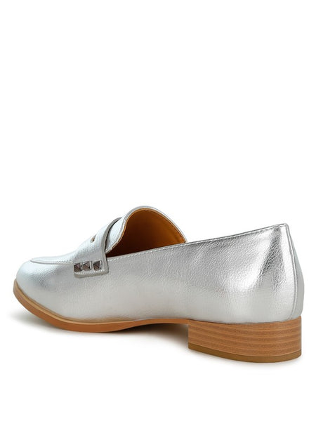 Rag Company metallic penny loafers for women in silver with low wooden heel and smooth finish
