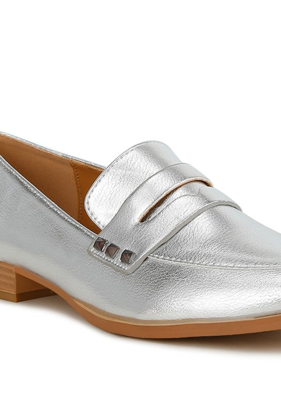 Rag Company metallic penny loafers for women in silver with low wooden heel and classic design1