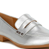 Rag Company metallic penny loafers for women in silver with low wooden heel and classic design1