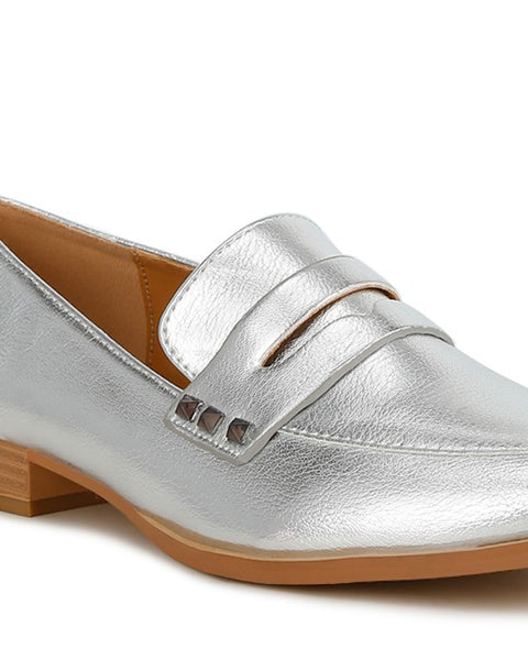 Rag Company metallic penny loafers for women in silver with low wooden heel and classic design1