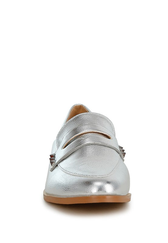 Metallic penny loafers for women by Rag Company front view with silver leather and tan sole