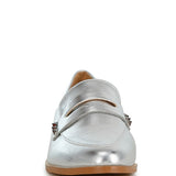 Metallic penny loafers for women by Rag Company front view with silver leather and tan sole