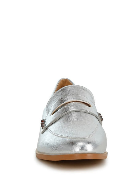 Metallic penny loafers for women by Rag Company front view with silver leather and tan sole